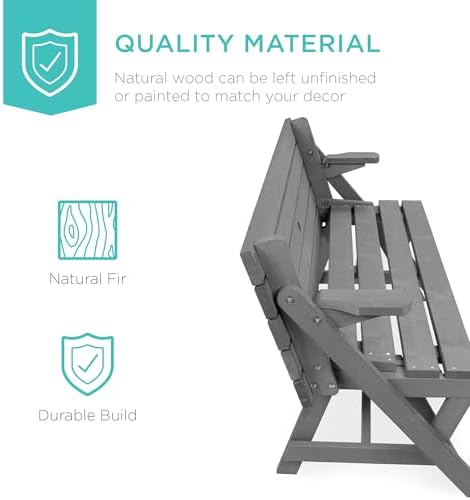 Best Choice Products 2-in-1 Transforming Interchangeable Outdoor Wooden Picnic Table Garden Bench for Backyard, Porch, Patio, Deck w/Umbrella Hole - Gray - Image 3