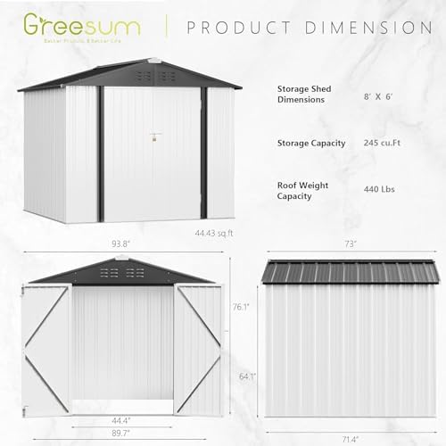 Greesum 8x6FT Outdoor Storage Shed Utility Tool Shed, White - Image 4