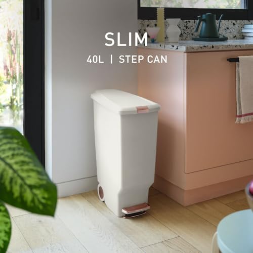 simplehuman Slim Step Can, 40L / 10.6 Gallon Space-Efficient Kitchen Trash Can, Studio Edition, Pet-Proof Slide Lock, 150,000-Step Pedal, Wheels, Cream Plastic - Image 2