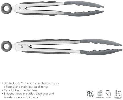 Tovolo Stainless Steel Tongs with Silicone Tip Set 9" 12" with Easy Lock Mechanism for Grilling Air Fryer Cooking Serving Salad, Heat Resistant Silicone Tipped Kitchen Tongs Charcoal Gray - Image 3