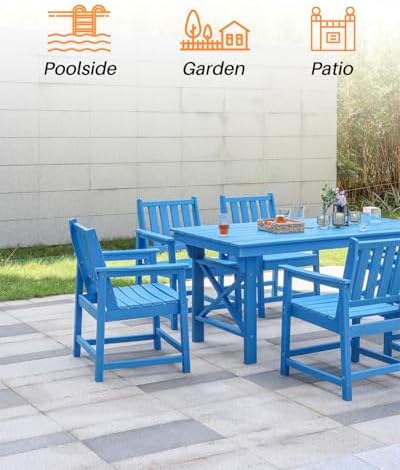 7 Pieces HDPE Outdoor Dining Set, Patio Dining Set with Umbrella Hole, All Weather Outdoor Dining Table Sets for 6, HDPE Patio Furniture Sets for Deck, Backyard, Lawn, and Poolside, Sky Blue - Image 6