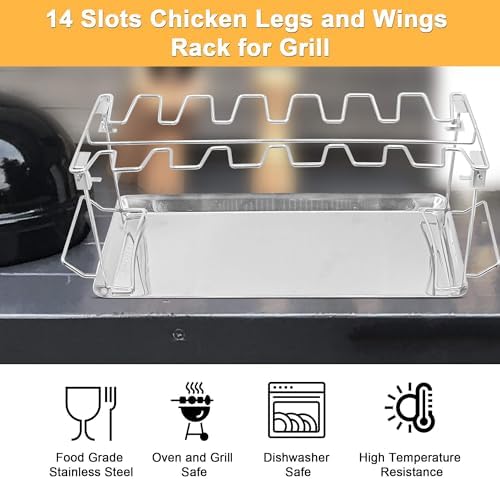 Drumstick Holder-2 Sets Chicken Leg Rack for Grill with Drip Tray, 14 Slots Durable Stainless Steel Drumstick Rack, Drumstick Holder Roaster Stand for Smoker Grill, Oven, BBQ Accessories - Image 3