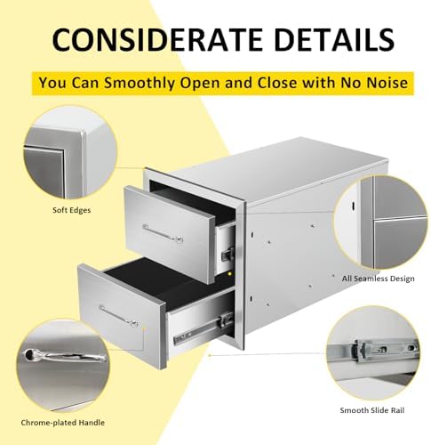 Outdoor Kitchen Drawers 14" W x 15" H x 23" D Flush Mount Double BBQ Drawers with Chrome Handle Stainless Steel Drawer for Outdoor Kitchen Island, Patio Grill Station - Image 4