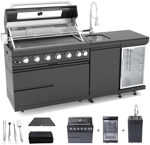 Outdoor Kitchen Island, 82 Inch 6 Burner Propane Gas Grill Combination With Refrigerator and Sink, Outdoor Stainless Steel Barbecue Bar, 85000 BTU Propane Grill for Patios, Gardens, Parties by Qeeka