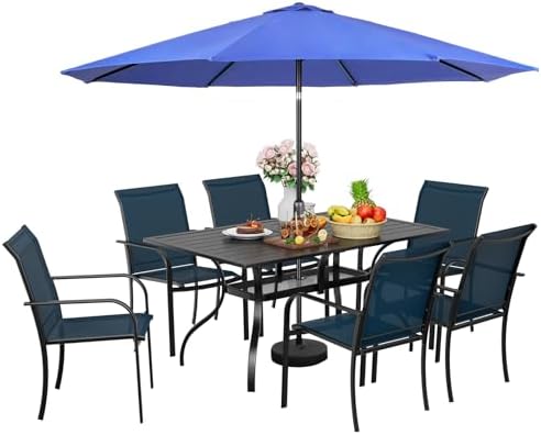 Incbruce 8-Piece Patio Furniture Set with Dark Blue Umbrella, Patio Table and Chairs Set of 6 Textilene Chairs and Rectangle Table with Umbrella Hole for Garden, Deck and Backyard (Blue) by Incbruce