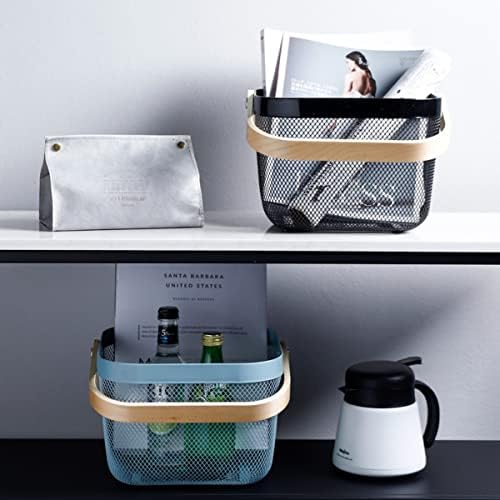 Mesh Steel Storage Organizer Basket Fruit Basket Bin with Wood Handle Ideal for Kitchen Bathroom Picnic Baskets Pantry Cabinets Storage Home Decor (Cold Gray) - Image 6
