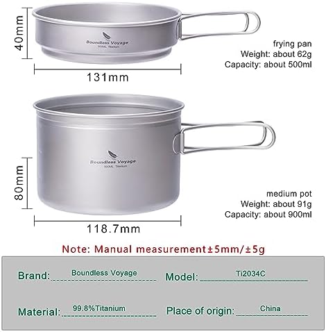 Titanium Pot Pan Set with Folding Handle Outdoor Camping Soup Pot Bowl Frying Pan Mess Kit Picnic Cookware - Image 2