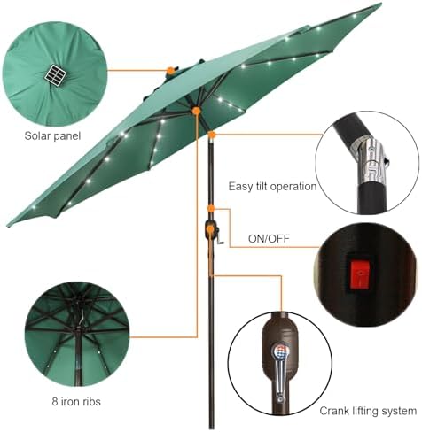 Blissun 9 ft Solar Umbrella, Patio Umbrella with 32 LED Lights, Outdoor Table Market Umbrella for Garden, Deck, Backyard (Seaglass) - Image 2