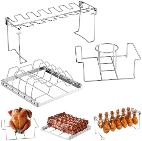 3 Pcs Grill Racks Set - 14-Slot Foldable Chicken Leg & Wing Rack, Rib Rack for Smoking, Beer Can Chicken Holder - Grilling Stainless Steel Accessories for Outdoor Smoker, Charcoal Grill, Oven by Unknown