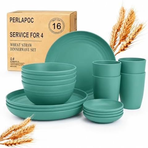 Unbreakable Wheat Straw Dinnerware Set 16 PCS - Plates and Bowls Set for 4,Dishwasher & Microwave Safe Lightweight Plates and Bowls Set for Party Camping Kitchen - Green by Perlapoc