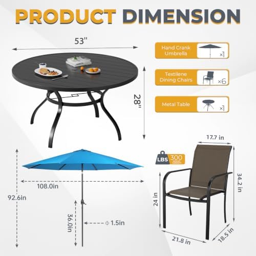 Incbruce 8 PCS Patio Dining Set with Sky Blue Umbrella, Outdoor Dining Set of 6 Textilene Chairs and 53" Round Table with Umbrella Hole for Backyard, Garden, and Poolside (Brown) - Image 3