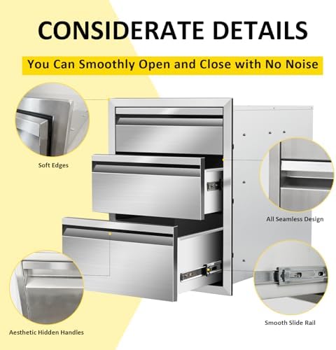 Outdoor Kitchen Drawers 16" W x 21"H x 23"D Triple BBQ Drawers Stainless Steel Built-in Drawer for Outdoor Kitchen Island, Patio Grill Station - Image 4