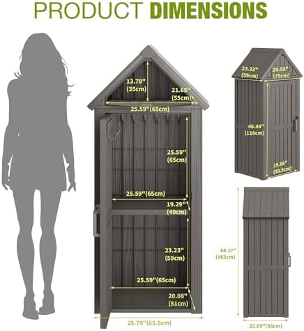 Outdoor Storage Shed, Waterproof Storage Cabinet with Sloping Roof and Lockable Door, Resin Shed with Ample Space, Multiple Hooks for Backyard Patio, Garden, Lawn, Classic Grey - Image 3