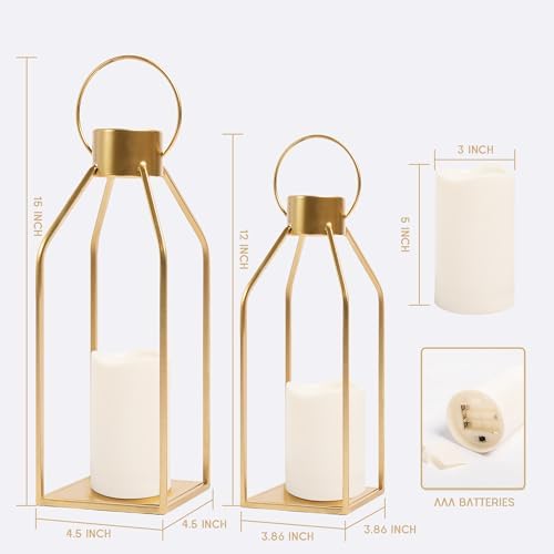 HPC Decor Modern Farmhouse Lantern Decor- Gold Metal Candle Lanterns for Christmas- Lanterns Decorative w/Timer Flickering Candles for Living Room, Home, Indoor, Outdoor, Table,Fireplace Mantle Decor - Image 6