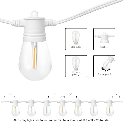 SUNTHIN White String Lights, 48ft White Outdoor Lights with 16 1W Shatterproof LED Bulbs for Patio, Garden, Backyard, Porch, Cafe, Deck, Wedding, Party - Image 2