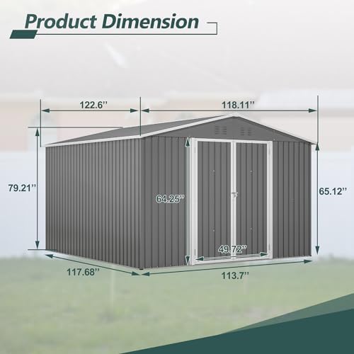 YOPTO 10x10 FT Outdoor Storage Shed,Metal Shed W/Updated Frame Structure & Lockable Door,Garden Tool House W/Air Vent & Sloped Roof,for Backyard,Patio,Lawn,Grey - Image 3