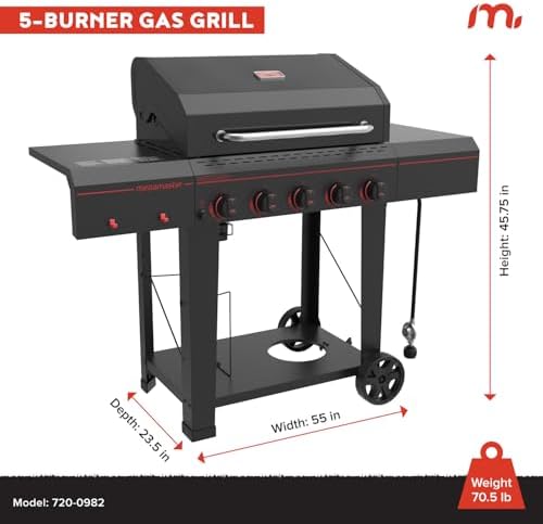 Megamaster Cart 5 Burner Gas Grill, Side Tables with Accessory Hooks, Black - Image 5