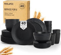 Kitchen Wheat Straw Dinnerware Set 40 PCS Black Dishware Sets for 8 Plastic Plates Reusable Dinner Plates Cereal Bowl Small Cups Dishwasher & Microwave Safe Unbreakable Dish Set for Picnic RV by Perlapoc
