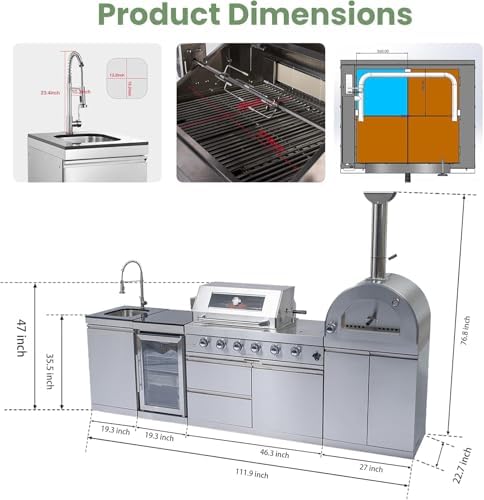 112" Outdoor Kitchen Island,Stainless Steel Natural Gas BBQ Grill with Pizza Oven, Rotisserie, Refrigerator, Standalone Side Burner,Granite Countertop, Storage Cabinets & Drawers 108000 BTU. - Image 2