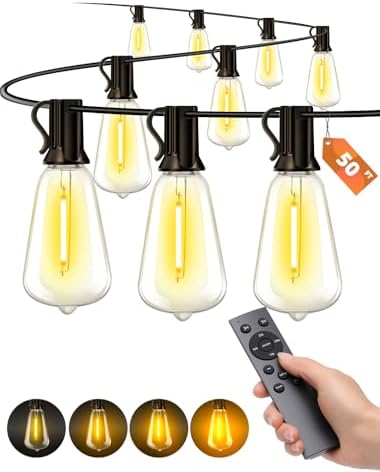 Outdoor Patio String Lights: 50Ft 15M Outside Waterproof Light - Remote Dimmable ST38 Shatterproof Bulb Connectable Hanging Outdoor Electric Lighting - Backyard Yard Gazebo Porch Party by Vozuji