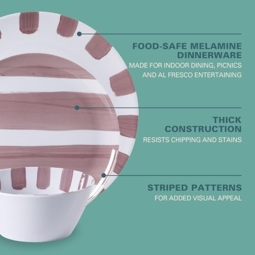 Gibson Home Cottage Stripes 12-Piece Melamine Plates and Bowls Dinnerware Set - Outdoor, Camping, & Everyday Use - Assorted Colors - Image 3