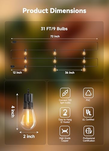Minetom 31FT Outdoor String LED Patio Lights Waterproof,Shatterproof S14 Vintage Edison Bulbs,Commercial Grade Outside Hanging Lights Waterproof for Porch Deck Garden Backyard Balcony Cafe Bistro - Image 3