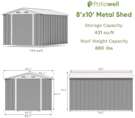 Patiowell 8x10 FT Outdoor Storage Shed, Metal Sheds, Gray - Image 2