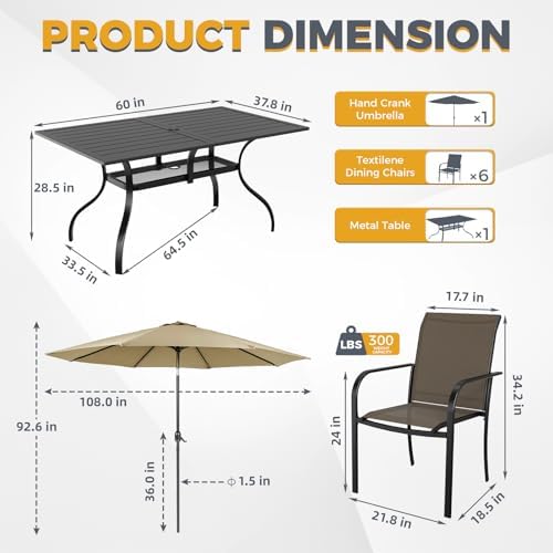 Incbruce 8 Pieces Patio Dining Set with Brown Umbrella, Outdoor Dining Set of 6 Textilene Chairs and Rectangle Table with Umbrella Hole for Backyard, Garden, and Poolside (Brown) - Image 5