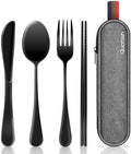 Travel Utensils with Case, Quatish Portable Silverware Set for Work, Stainless Steel Reusable Travel Cutlery Set, Fork and Spoon Set for Camping, Picnic, Gadgets, Lunch Box for Men, Black by Quatish