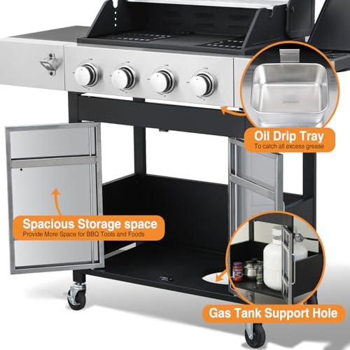 4 Burner Propane Gas Grill, 49,000 BTU Outdoor BBQ Grill with Cast Iron Grates & Griddle Combo, Large Cooking Area with Side Burner, Pullout Grease Tray, Portable for Backyard Patio - Image 4