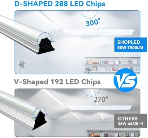 SHOPLED 4FT LED Shop Light, 50W 7500LM D-Shape, Linkable 6000K Cool White - Image 4