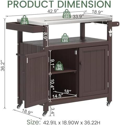 Weatherproof HIPS Outdoor Kitchen Island with Stainless Steel Top & Storage Cabinet, Movable Prep Table with Wheels for BBQ Food Prep, Outdoor Grill Cart for Parties, Brown - Image 5