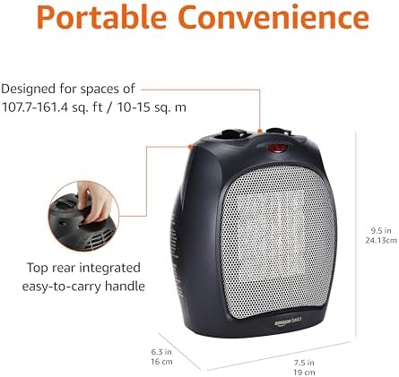 Amazon Basics Ceramic Space Heater, Portable Indoor Heating Solution, With Overheat and Tip-Over Protection, Thermostat, Non-Oscillating, 1500W, 7.52"D x 6.34"W x 9.45"H, Black - Image 3