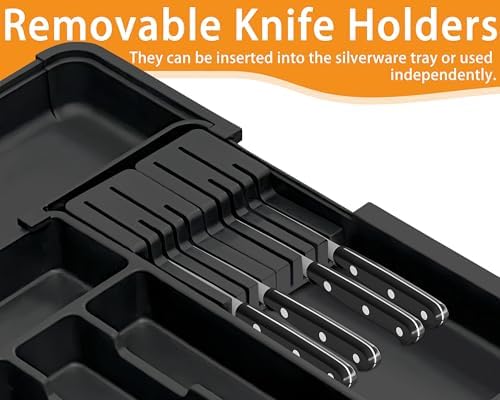 Homecor Silverware Organizer - Expandable Large Kitchen Drawer Organizer Utensil Organizer with 2 Removable Knife Blocks, 22"x 19"Cutlery Tray Drawer Dividers for Kitchen Flatware(6-9 Slots) (Black) - Image 4