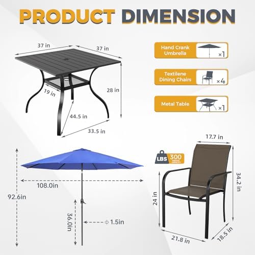 Incbruce 6 Pieces Patio Dining Set with Dark Blue Umbrella, Outdoor Dining Set of 4 Textilene Chairs and Square Table with Umbrella Hole for Backyard, Garden, and Poolside (Brown) - Image 5