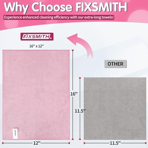 FIXSMITH Pink Microfiber Cleaning Cloth -Pack of 12, Highly Absorbent Cleaning Rags, 16"X12" All Purpose Cleaning Towels for Housekeeping, Kitchen, Car, Lint Free and Reusable Microfiber Towels - Image 3
