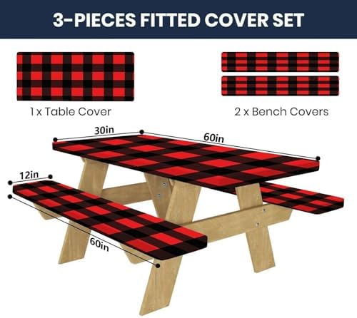CAPSCEOLL Fitted Picnic Table Cover with Bench Covers 5ft - Black Red - Image 2