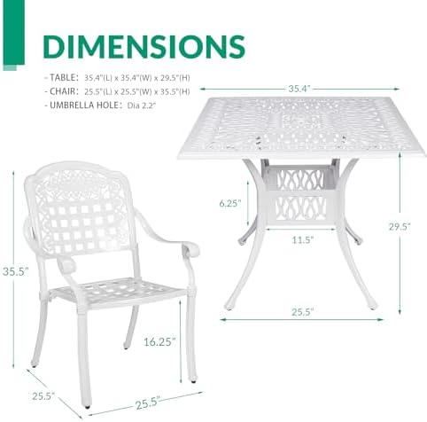 VIVIJASON 5-Piece Outdoor Patio Dining Set, All-Weather Cast Aluminum Conversation Set, Patio Furniture Set, Include 4 Chairs, a 35.4" Square Table w/Umbrella Hole, White - Image 6