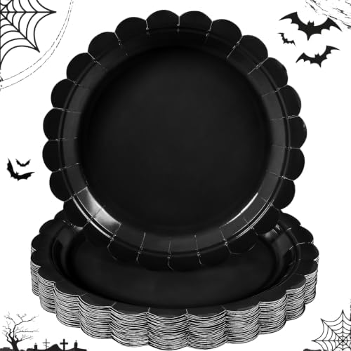 NatNarr 30 Pcs Black Paper Plates 9" Scalloped Halloween Dessert Cake Plate by NatNarr