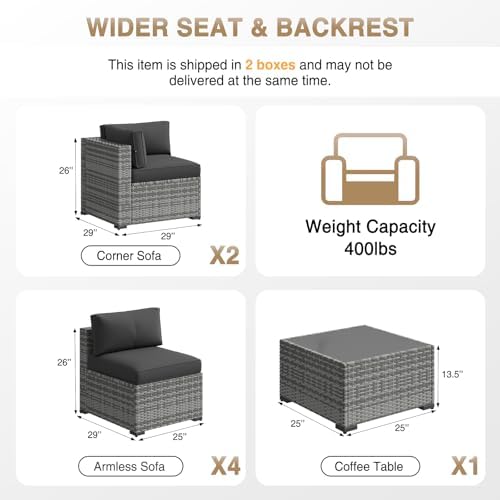 Aoxun Patio Furniture Sets, 7-Piece Outdoor Patio Furniture with Thick Cushions, Wicker Outdoor Conversation Set Sectional Sofa for Backyard, Poolside, Garden (Black-Grey, 7 x 25.2 - Seats) - Image 6