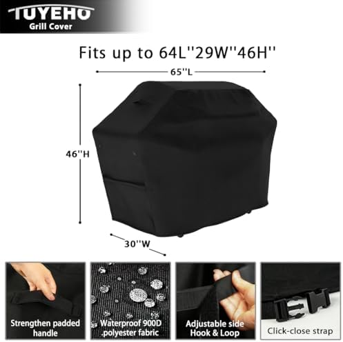 Tuyeho Grill Cover 65 x 30 x 46 inch, 900D Heavy Duty Gas BBQ Cover w/Side Fasteners Straps, Waterproof & Weather Resistant for Your Weber, Char-Broil, Brinkmann, Holland, Jenn Air (Black) - Image 4