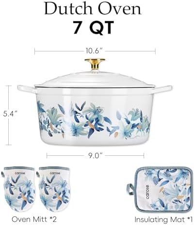 CAROTE 7QT Enameled Cast Iron Dutch Oven Pot with Lid, White & Blue - Image 2