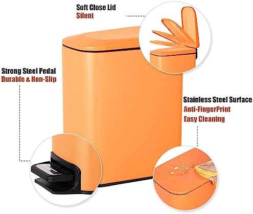 Cesun Small Bathroom Trash Can with Lid, 1.6 Gal, Soft Close, Matte Orange - Image 3