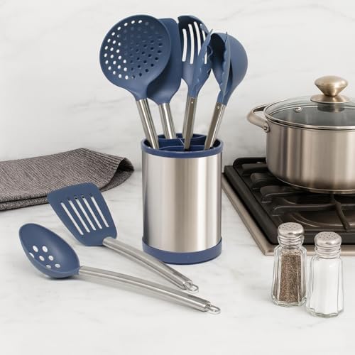 Glad Kitchen Utensils Set, 8pcs - Nonstick Cooking Tools with Stainless Steel Handles & Rotating Utensil Holder - Turners, Ladle, Spoon, Tongs, Spaghetti Server, and Skimmer - Dishwasher Safe, Blue - Image 2