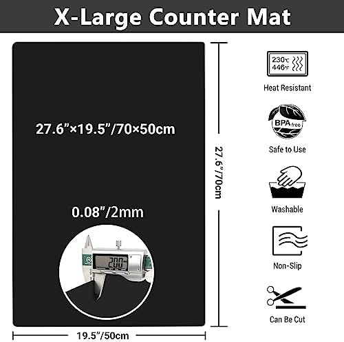 Ewen 2mm Thick Silicone Mats for Kitchen Counter, 27.6x19.5in Heat Resistant Silicone Baking Mat, Large Placemat Pastry Countertop Protector Mat Hot Pad for Stove Coffee Maker Air Fryer Toaster Black - Image 3