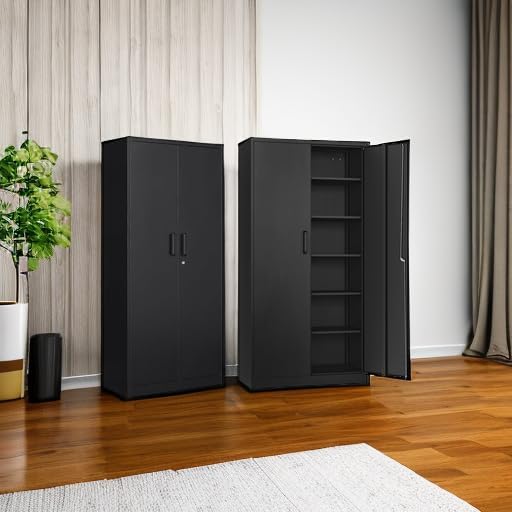 SISESOL Metal Storage Cabinet with 2 Doors and 6 Shelves,Black Metal Cabinet with Lock,71" Lockable Garage Storage Cabinets,Locking File Cabinet,Steel Tool Cabinets for Home,Office,Garage,Shop,School - Image 2