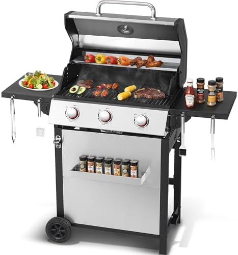 Propane Gas BBQ Grill, Upgraded 30,000 BTU Stainless Steel Barbecue Grill with Foldable Side Tables, Spice Rack & Wheels for Outdoor Cooking (3 Burner grill) by Unknown
