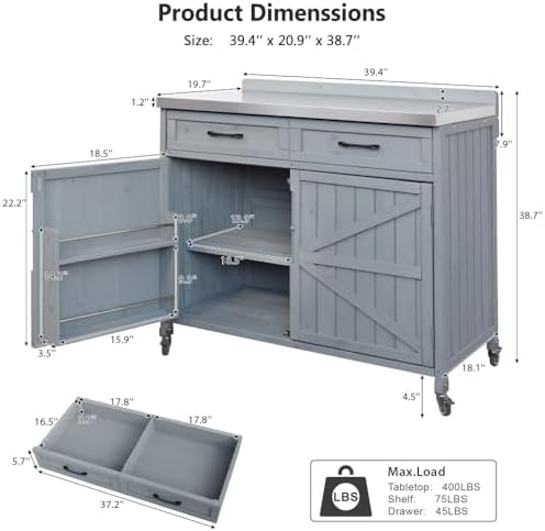 39.4" Outdoor Grill Cart with Stainless Top & Storage Cabinet - Image 2