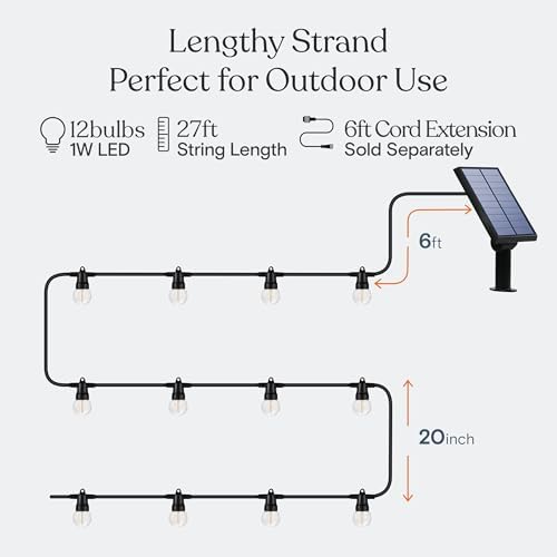 Brightech Ambience Pro Solar Powered Outdoor String Lights - 27 Ft Commercial Grade Waterproof Patio Lights with Edison Globes, Shatterproof LED String Lights for Patio - 12 Bulbs, 1W, Soft White - Image 3