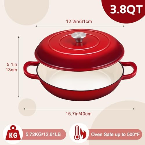 Overmont Enameled Cast Iron Dutch Oven - 3.8 QT Shallow Braiser with Recipe - Image 4